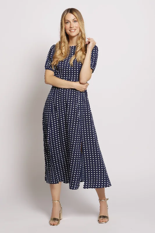 Short Sleeve Maxi Dress In Polka Dot - Navy Elegant Maxi Dress with Pockets