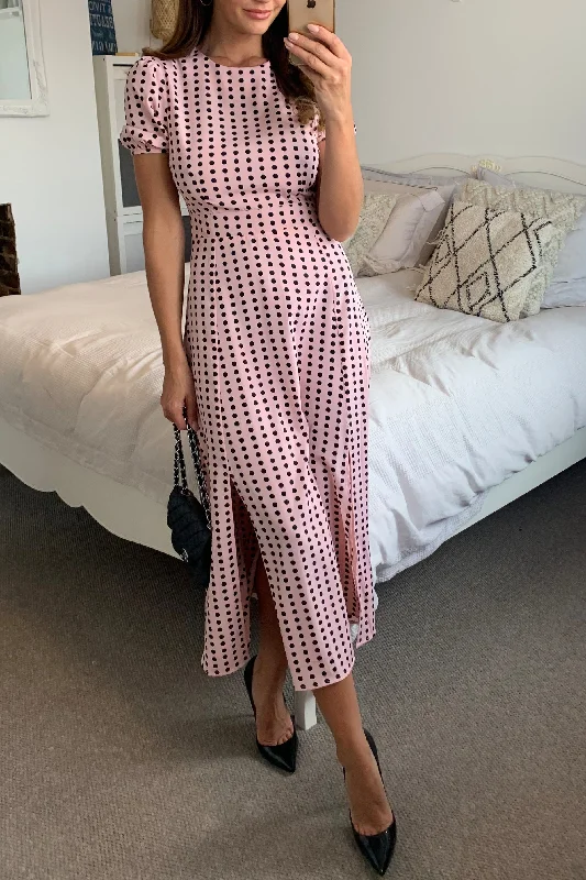 Short Sleeve Maxi Dress in Polka Dot -PINK Comfortable Flowy Maxi Dress