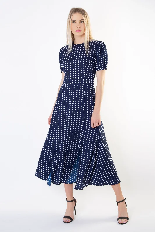 Short Sleeve Maxi Dress in Polka Dots - NAVY Comfortable Casual Maxi Dress