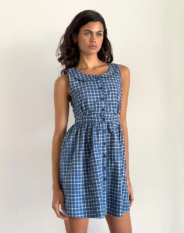 Sokasi Mini Dress in Navy Tartan Stylish Button-Down Mini Dress