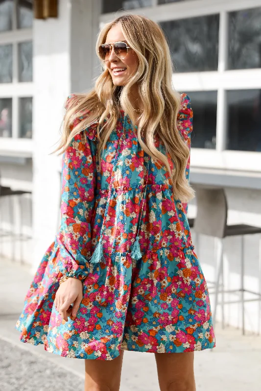 FINAL SALE - Sophisticated Crush Teal Tiered Floral Mini Dress Elegant Lace Mini Dress