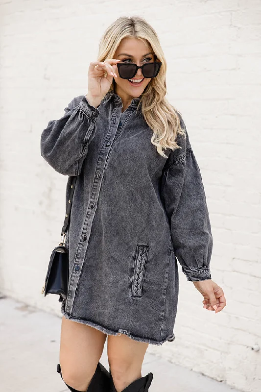 Start Looking Charcoal Chambray Long Sleeve Mini Dress FINAL SALE Stylish Ribbed Mini Dress