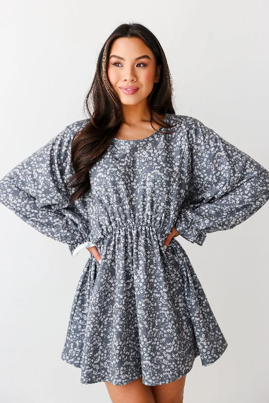 FINAL SALE - Sweetly Beloved Grey Floral Babydoll Mini Dress Modern Satin Mini Dress