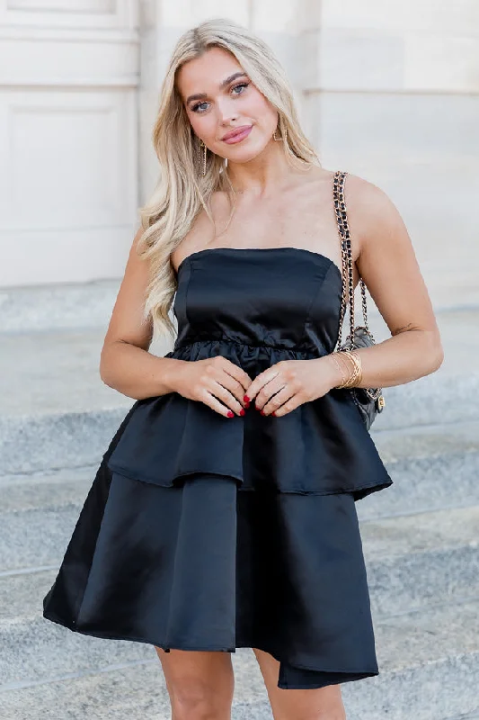 Time To Shine Black Satin Tiered Mini Dress FINAL SALE Fashionable Polka Dot Mini Dress