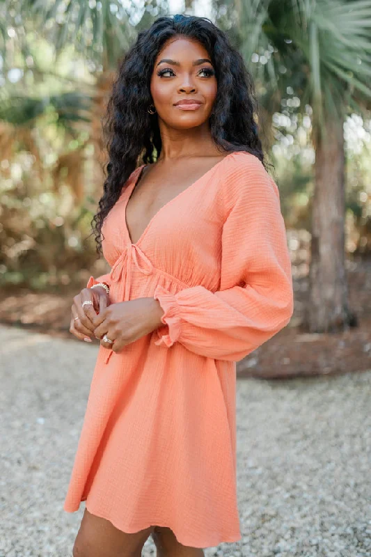 Ultimate Getaway Orange V-Neck Mini Dress FINAL SALE Chic Puff Sleeve Mini Dress