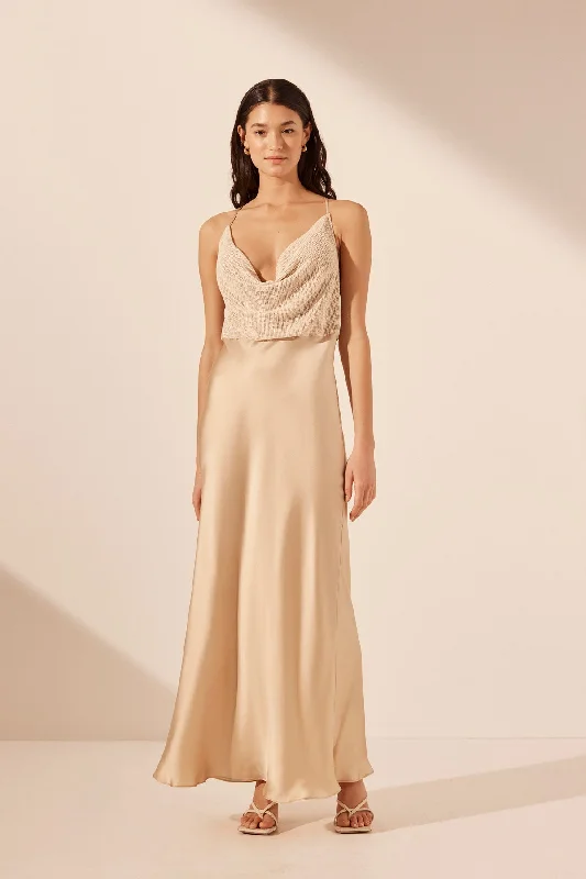 VALERIA SILK CONTRAST COWL NECK MAXI DRESS Casual Maxi Dress with Pockets