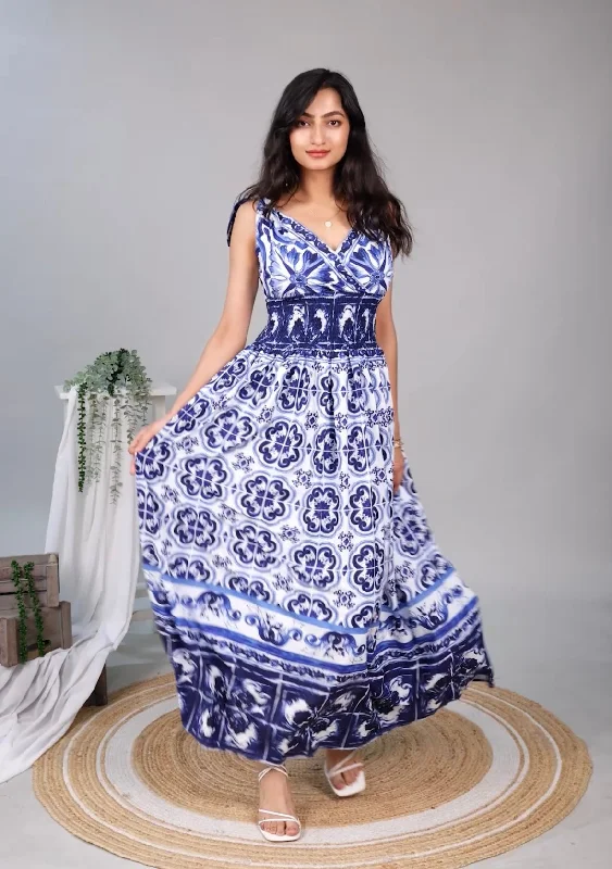 Wester Porcelain Print Maxi Dress Classic Solid Maxi Dress