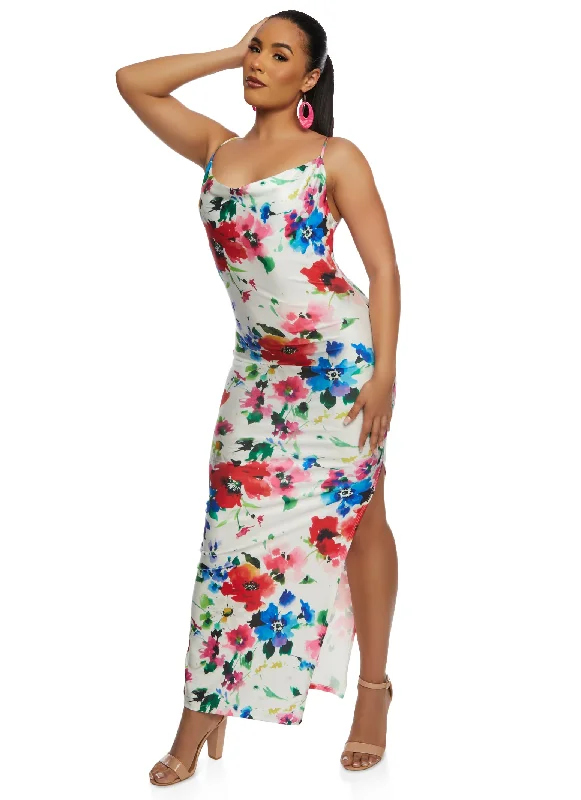 Iris Floral Print Cowl Neck Maxi Dress Elegant Lace-Up Maxi Dress