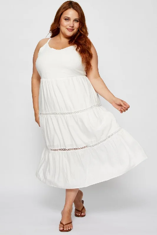 White Maxi Dress V-neck Sleeveless Tie Fashionable Printed Maxi Dress