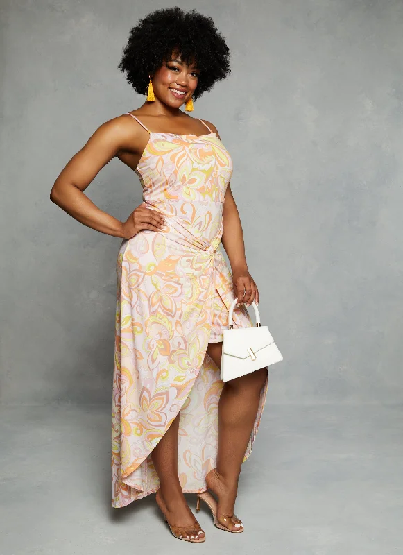 Plus Size Haute Monde Tropical Leaf Print High Low Maxi Dress Classic A-Line Maxi Dress
