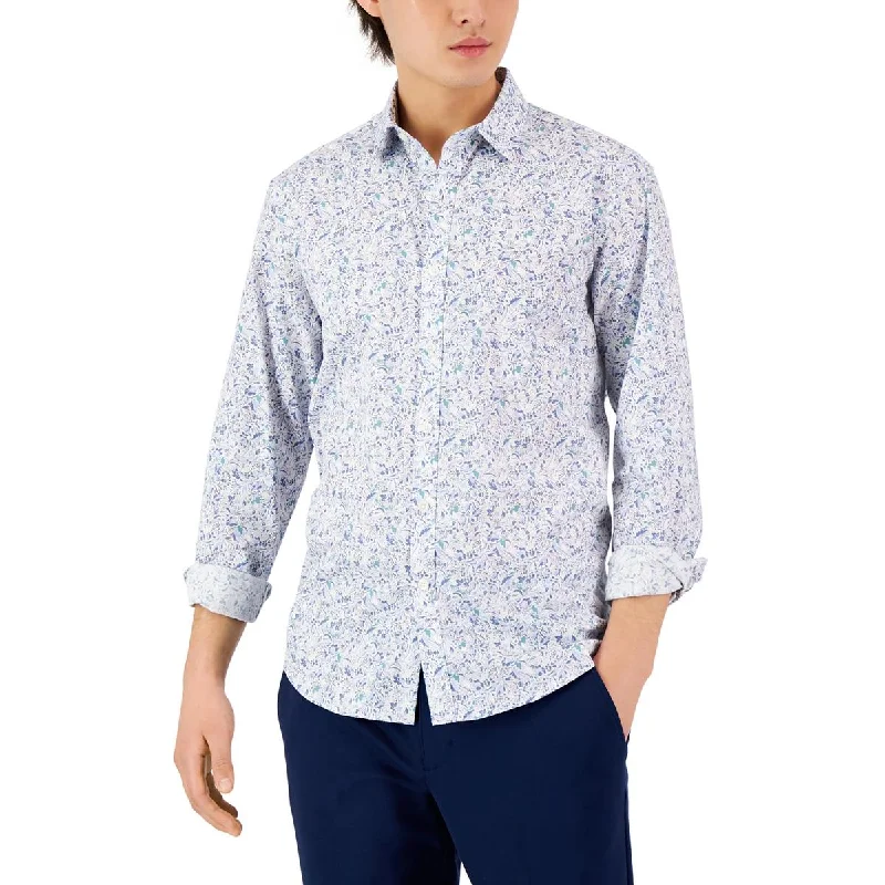 Alfani Mens Cotton Floral Print Button-Down Shirt Relaxed Fit Short Sleeve Top