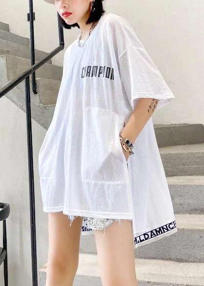 Art white Letter cotton crane tops o neck side open loose shirt Stylish Split-Hem Short Shirt Art white Letter cotton crane tops o neck side open loose shirt Stylish Split-Hem Short Shirt