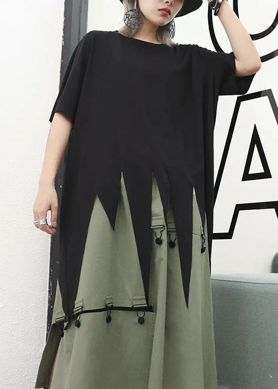 Bohemian asymmetric hem cotton Long Shirts design black o neck shirts summer Stylish Pleated Short Sleeve Bohemian asymmetric hem cotton Long Shirts design black o neck shirts summer Stylish Pleated Short Sleeve