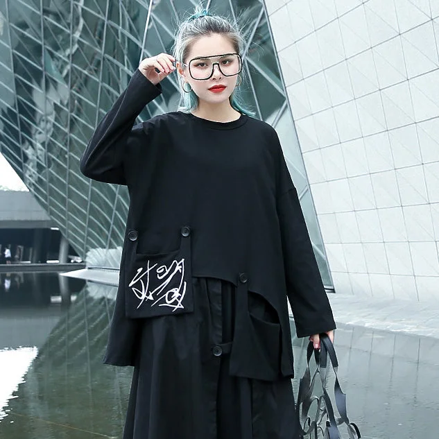 boutique black pure blouse plus size O neck pockets cotton t shirt vintage asymmetrical design clothing Trendy Floral Print Tee boutique black pure blouse plus size O neck pockets cotton t shirt vintage asymmetrical design clothing Trendy Floral Print Tee
