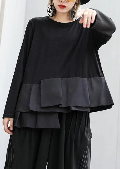Classy black cotton shirts patchwork box fall shirts Trendy Ruffled Short Sleeve