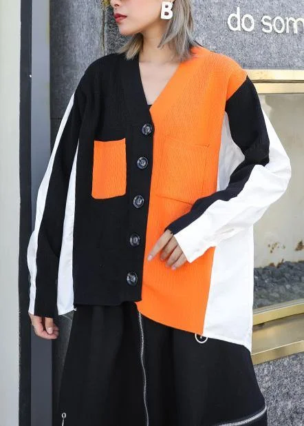 Cozy black patchwork knitted t shirt trendy plus size v neck Button knitwear Relaxed Button-Down Short Shirt