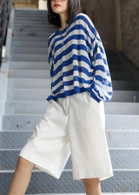 DIY o neck summer shirts Neckline blue striped top Elegant Draped Short Shirt