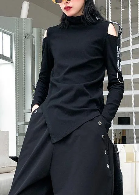 French black cotton shirts women asymmetric hollow out Art top Cozy Loose Fit Short Sleeve French black cotton shirts women asymmetric hollow out Art top Cozy Loose Fit Short Sleeve