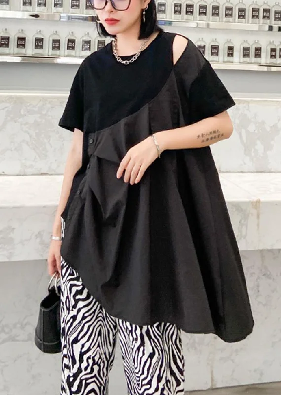 French black cotton tunic top o neck patchwork baggy shirts Elegant Draped Short Shirt French black cotton tunic top o neck patchwork baggy shirts Elegant Draped Short Shirt