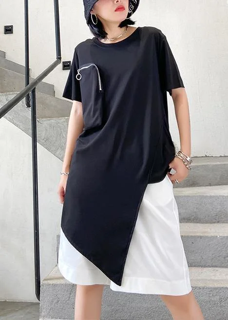French o neck patchwork cotton top Sewing black shirts Comfortable Flowing Short Sleeve French o neck patchwork cotton top Sewing black shirts Comfortable Flowing Short Sleeve