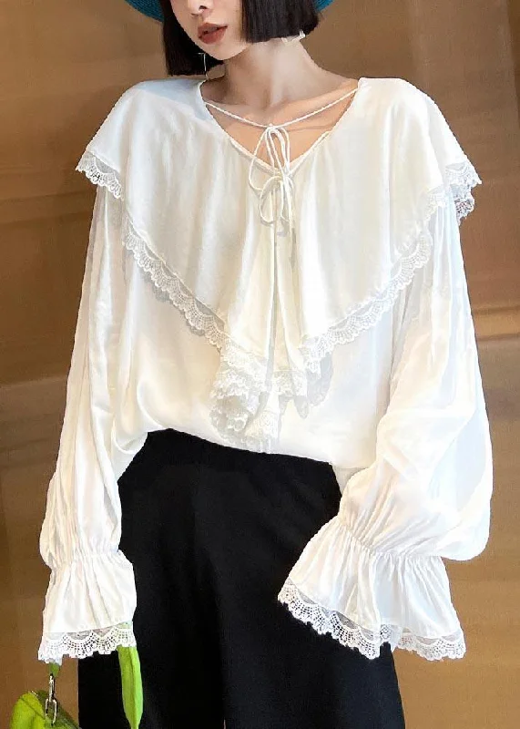 French White V Neck Patchwork Cotton flare sleeve Shirt Top Stylish Crew Neck Shirt