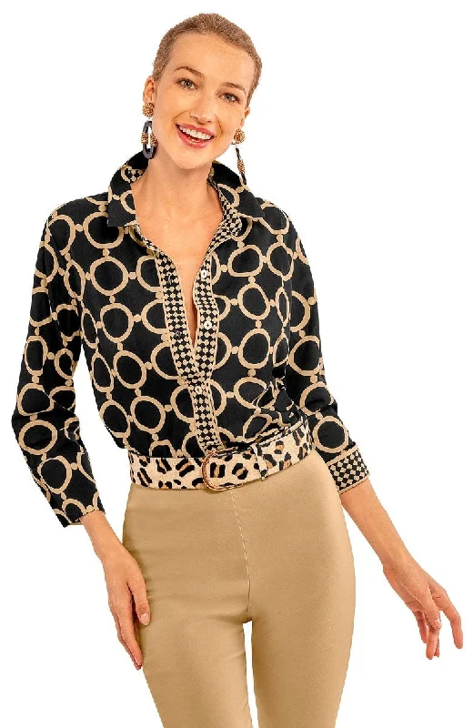 Gretchen Scott Boyfriend Shirt - Dip & Dots - Black Elegant Draped Short Sleeve