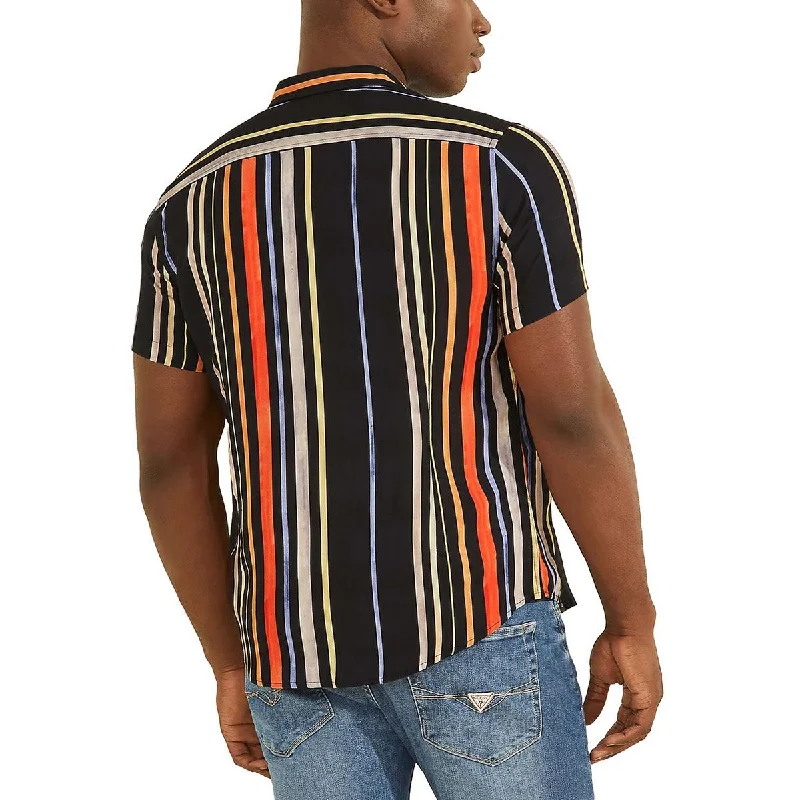Guess Mens Striped Collared Button-Down Shirt Fashionable Tied Short Sleeve