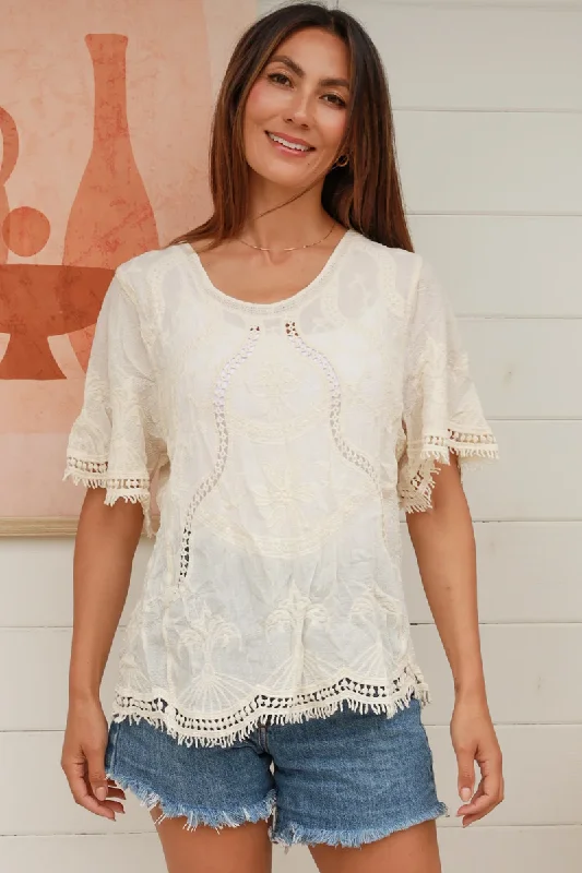 Isabella Boho Mahe Crochet Shirt Cover up Trendy Short Sleeve Blouse