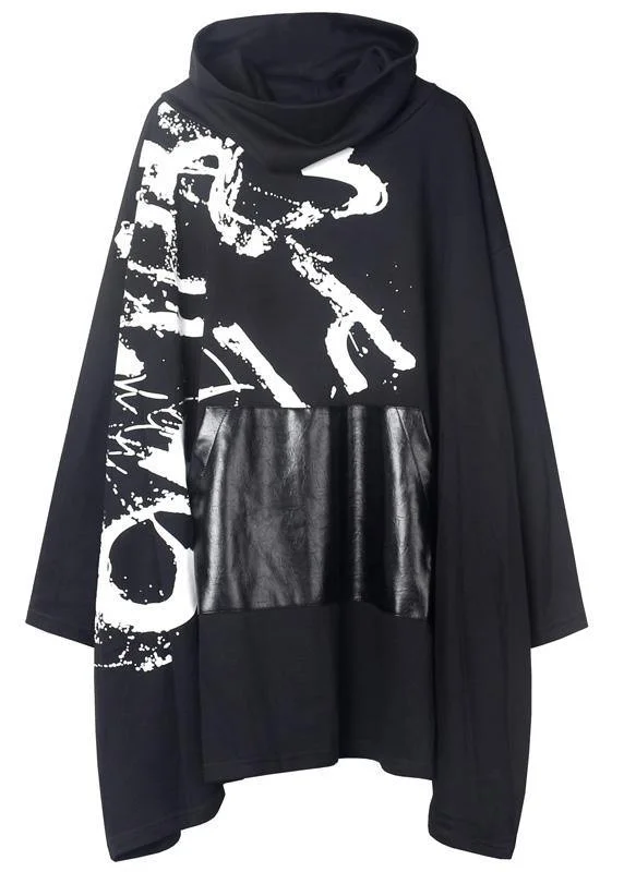 Natural High Neck Pockets Tunic Top Black Letter Shirt Cozy Cotton Short Tee
