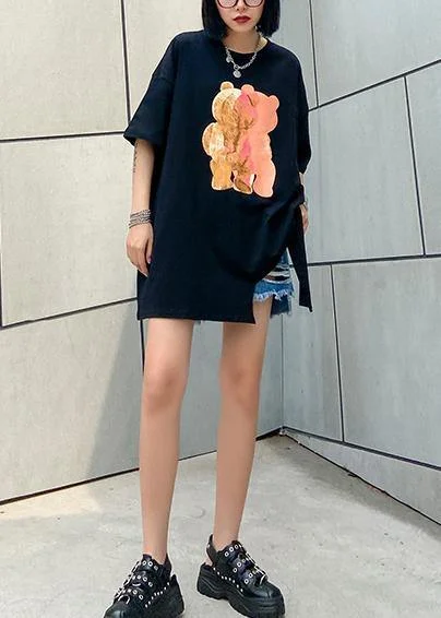 Loose o neck cotton box top Tutorials black print yellow shirt Trendy Tie-Front Short Shirt