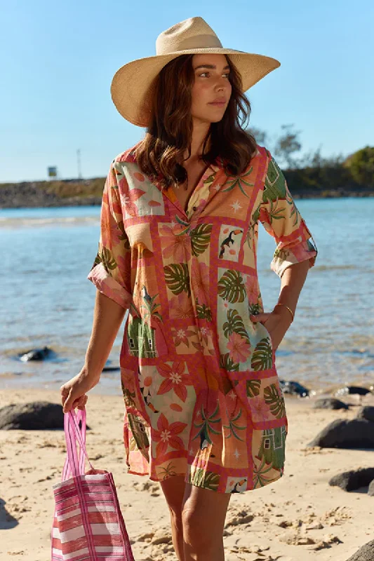 Lula Life Audrey Shirt Maker Coral Trendy Print Short Sleeve
