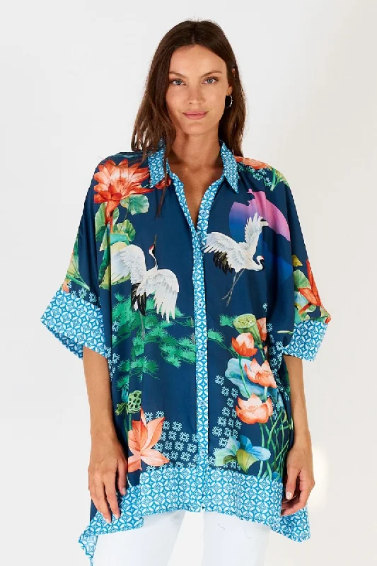 Lula Soul Yoshiko Kaftan Shirt Long Sleeve Blue Fashionable Rounded Short Shirt