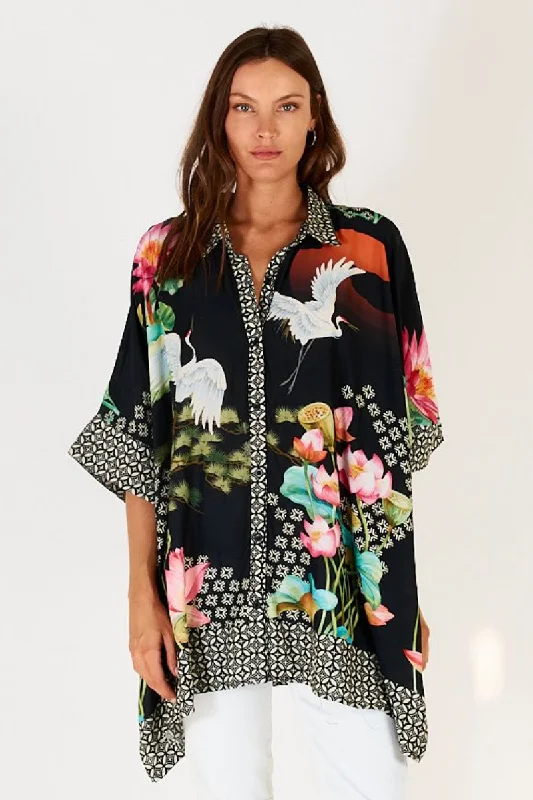 Lula Soul Yoshiko Kaftan Shirt Long Sleeve Elegant Silk Short Shirt