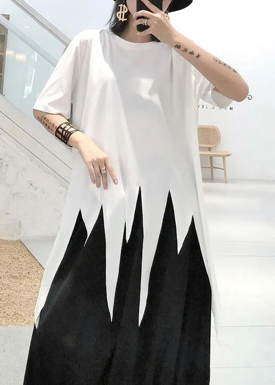 Modern white Shirts o neck asymmetric summer tops Chic Embellished Short Sleeve