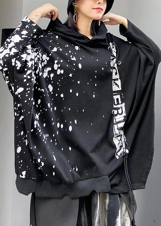 Natural hooded baggy tunic top Shirts black Letter shirt Relaxed Fit Short Tunic