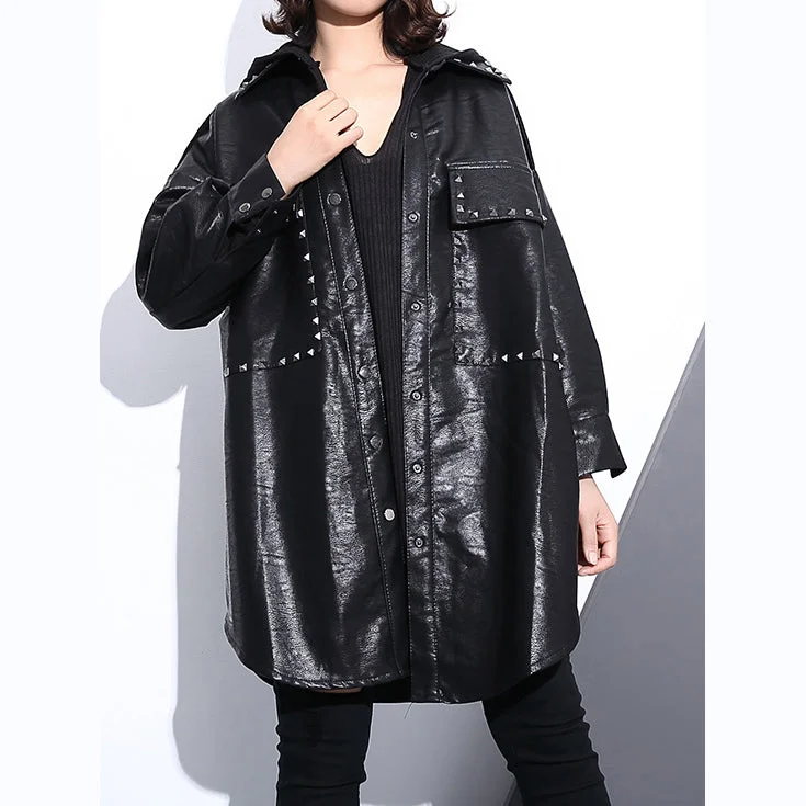 New black pu blouse oversize lapel collar pockets t shirt Elegant long sleeve Rivet pu coat Cozy Printed Short Shirt New black pu blouse oversize lapel collar pockets t shirt Elegant long sleeve Rivet pu coat Cozy Printed Short Shirt