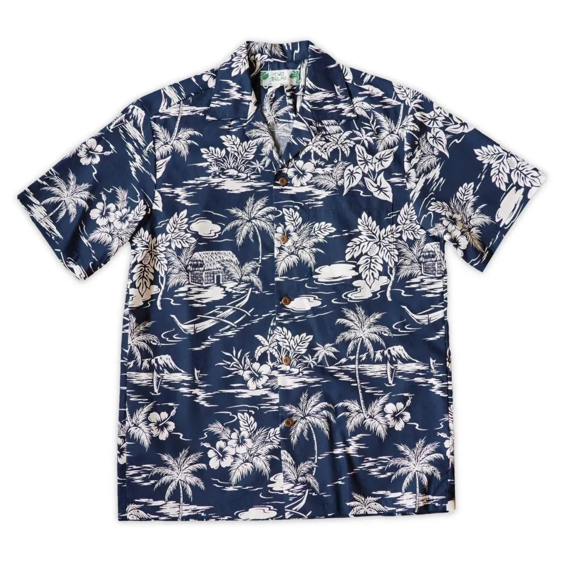 Island Navy Hawaiian Cotton Shirt Trendy Print Short Sleeve