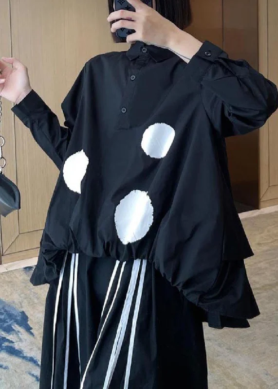 Organic Black Dot Cinched low high design Cotton Shirt Tops Trendy Sleeveless Short Shirt