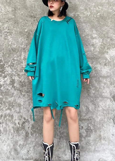 Organic o neck Hole spring Blouse blue green Knee shirt Elegant Draped Short Sleeve