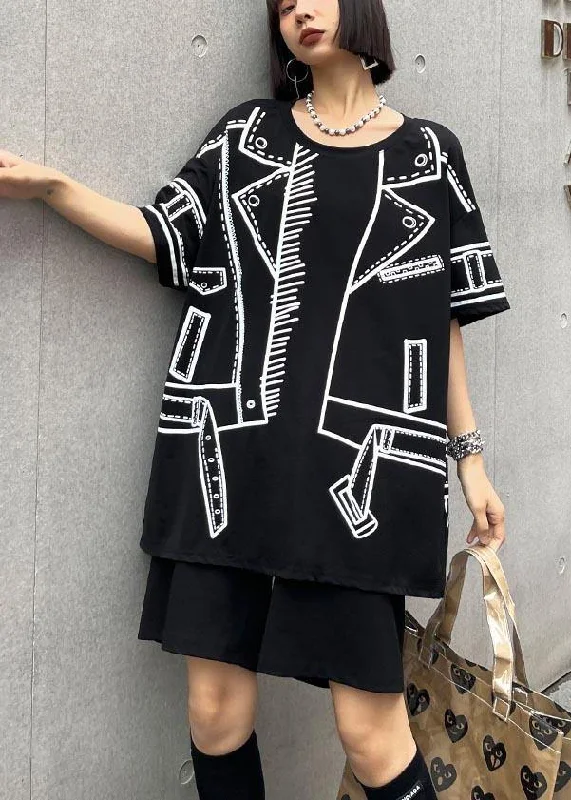 Plus Size Black Graphic O-Neck Cotton Shirt Top Stylish Round Neck Shirt