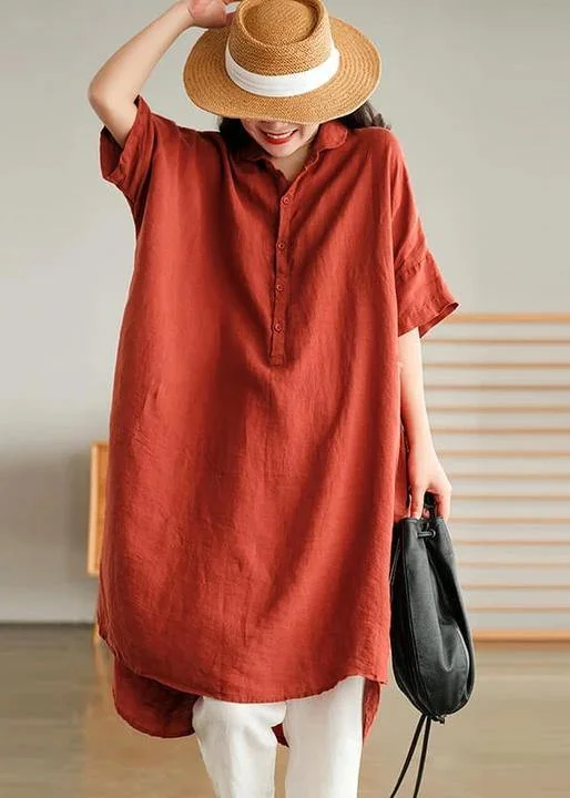 Plus Size - Red Linen Women Casual Pure Shirt Stylish Striped Short Sleeve