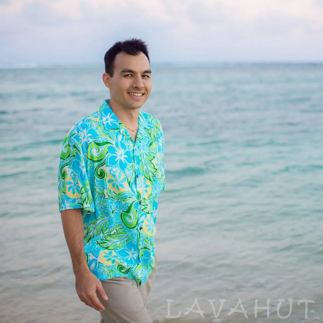 Seaglass Green Hawaiian Rayon Shirt Casual Button-Up Short Tee