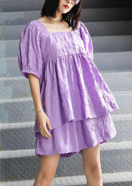 Slimming suit new large size bubble sleeve purple shirt shorts two-piece suit Classic Cropped Short Sleeve Slimming suit new large size bubble sleeve purple shirt shorts two-piece suit Classic Cropped Short Sleeve