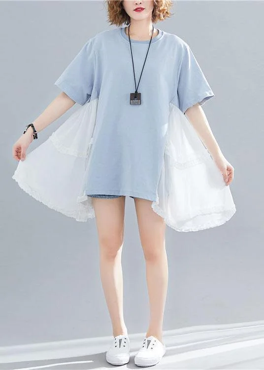 Style asymmetric hem cotton clothes For Women Photography blue patchwork shirt summer Elegant High-Low Short Shirt Style asymmetric hem cotton clothes For Women Photography blue patchwork shirt summer Elegant High-Low Short Shirt