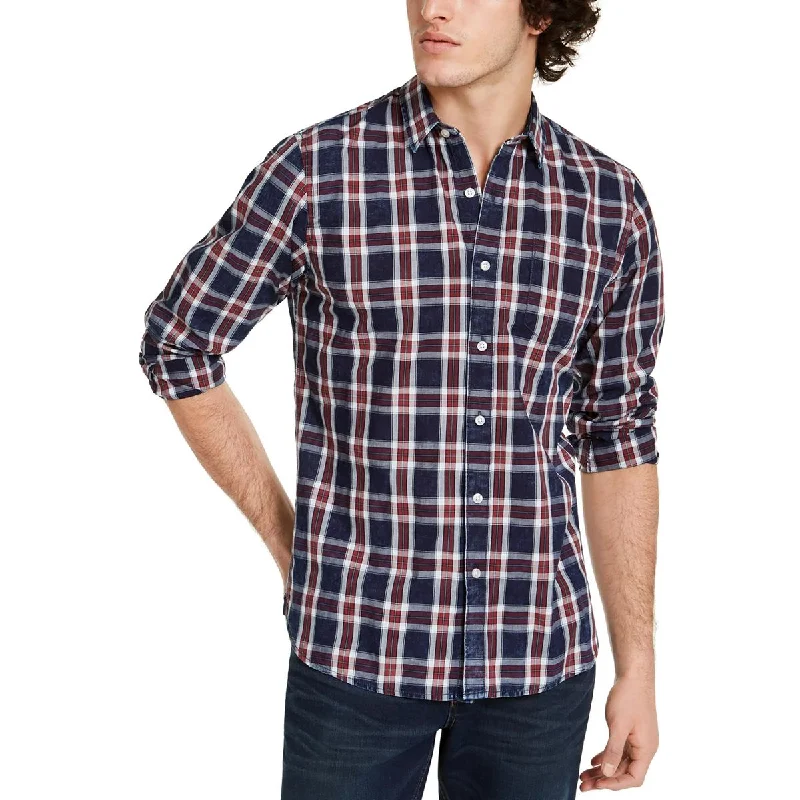 Sun + Stone Mens Plaid Cotton Button-Down Shirt Chic Silk Short Sleeve Shirt
