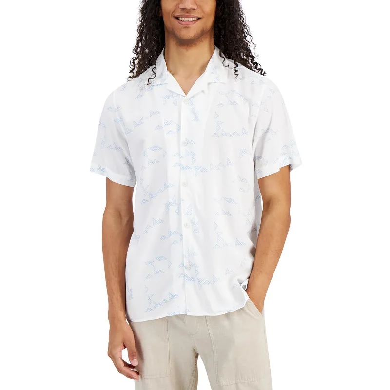 Sun + Stone Mens Printed Rayon Button-Down Shirt Classic Cropped Short Sleeve