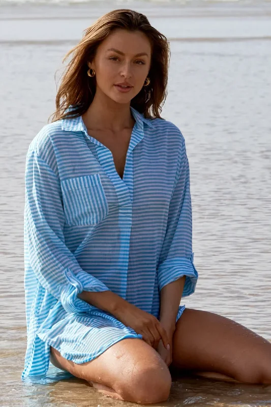 Sunseeker Resort Painters Summer Stripe Shirt - Teal Comfortable Short Sleeve Tee