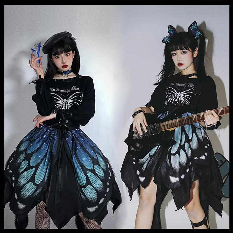 Star Fantasy~The Butterfly Effect Lace-up Punk Skirt Set chiffon skirt airy