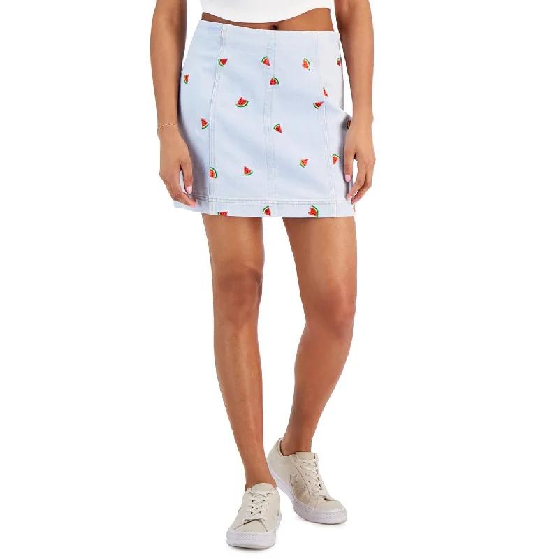 Tinseltown Womens Juniors Embroidered Mini Denim Skirt elastic waist skirt