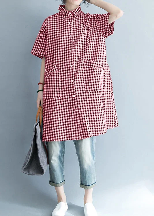 Unique black Red cotton linen shirts women stylish lapel pockets oversized Summer shirts Relaxed Fit Short Sleeve Top Unique black Red cotton linen shirts women stylish lapel pockets oversized Summer shirts Relaxed Fit Short Sleeve Top